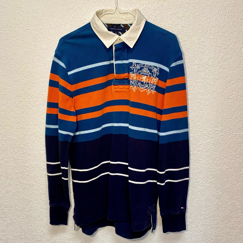 Vintage Tommy Hilfiger Polo Men’s M Orange Blue w Crest Long Sleeve Rugby Shirt